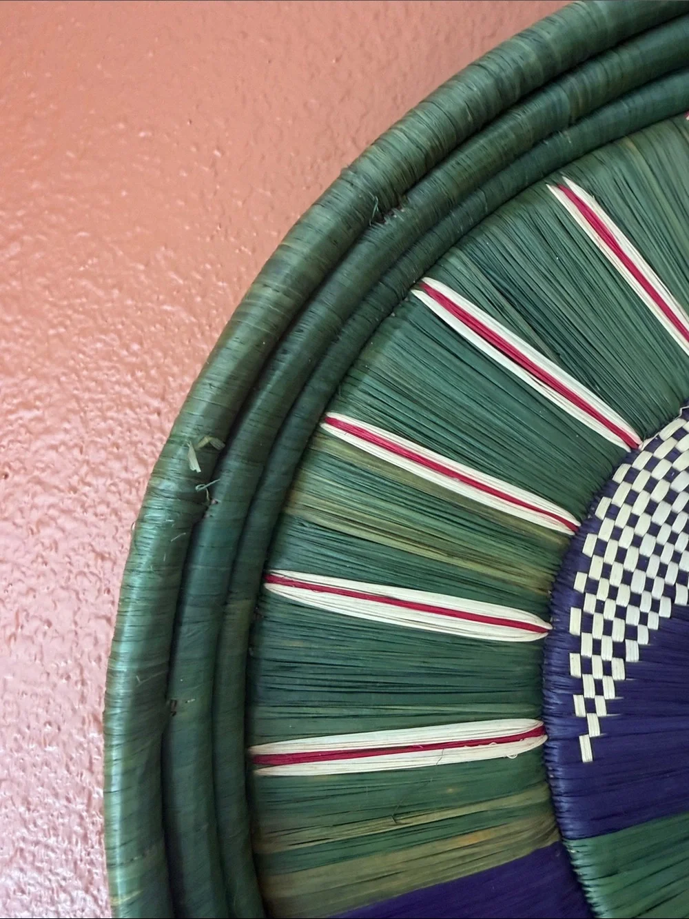 Handwoven Decorative Wall Basket in Green & Purple (14” Diameter)